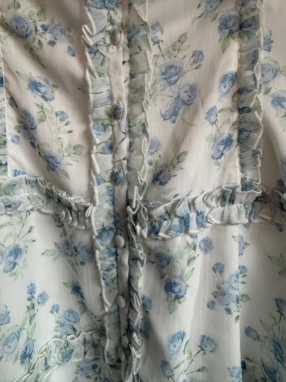 Rachel Parcell White Blue Floral Ruffle Sheer Long Sleeve Mini Dress M